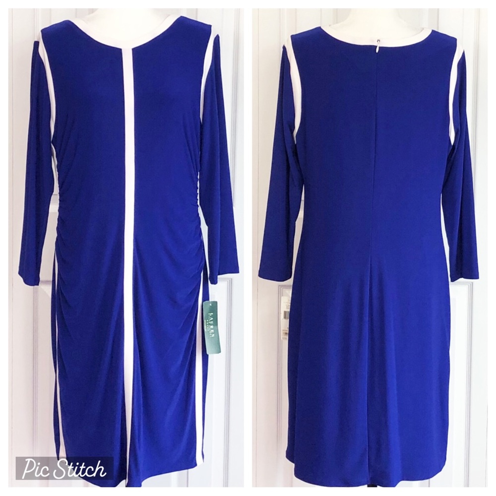 NWT Lauren Ralph Lauren Cannes Blue & White Ruched Sheath Dress 16